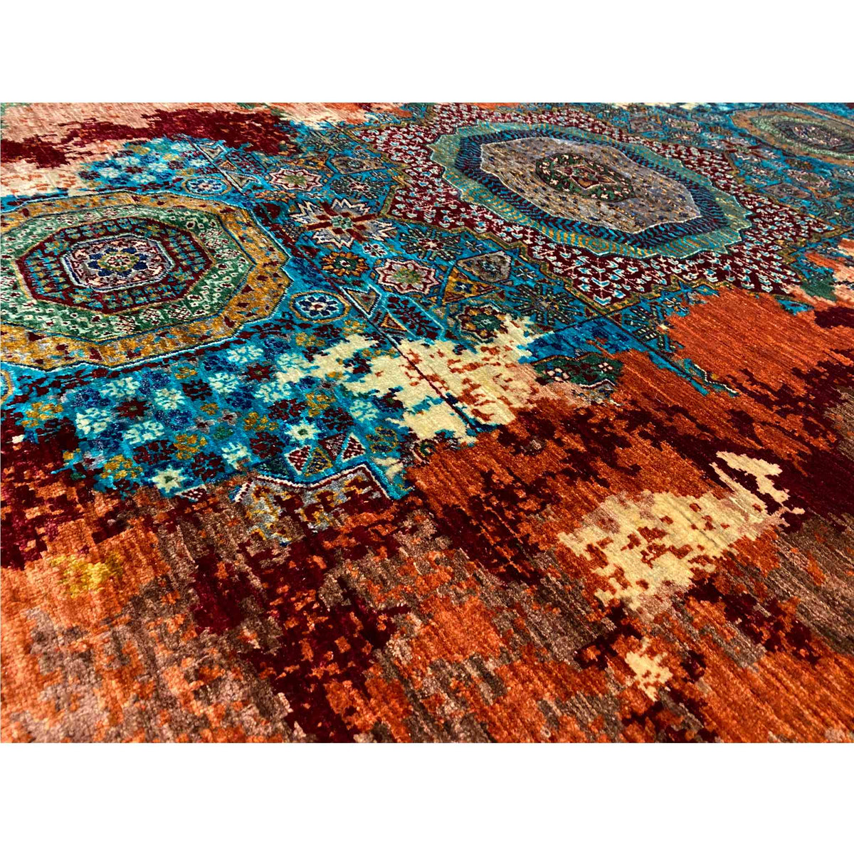 Close-up: Mamluk carpet with geometric patterns, rust brown and turquoise blue