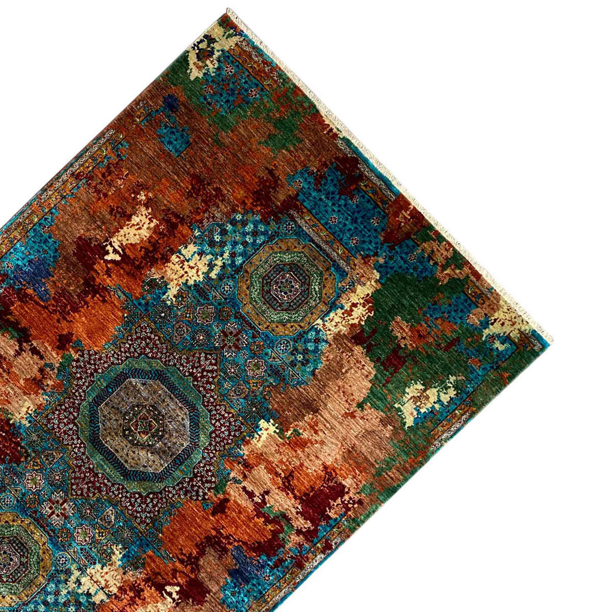 Mamluk carpet corner in oblique view, medallions in rust brown and teal, with border