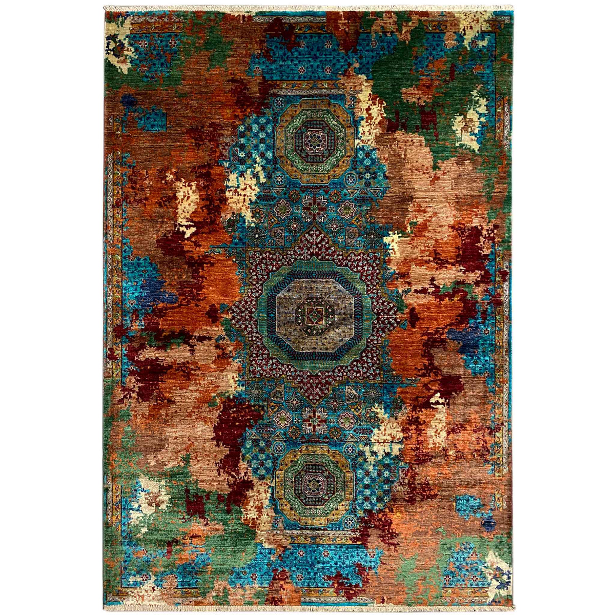 Mamluk rug with medallion pattern, rust brown, teal and green-brown, rectangular