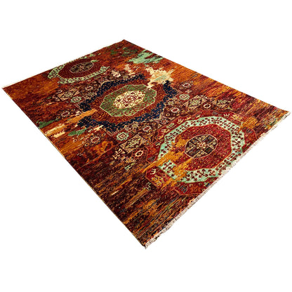 Mamluk carpet in diagonal view, rust brown with green, blue, and gold patterns