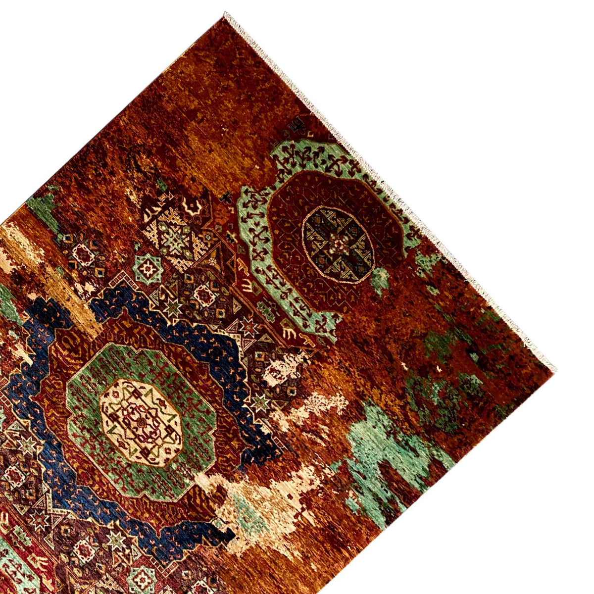 Mamluk rug diagonal, rust brown with green medallions and blue decorative ornamentation