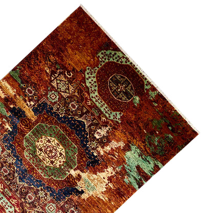 Mamluk rug diagonal, rust brown with green medallions and blue decorative ornamentation