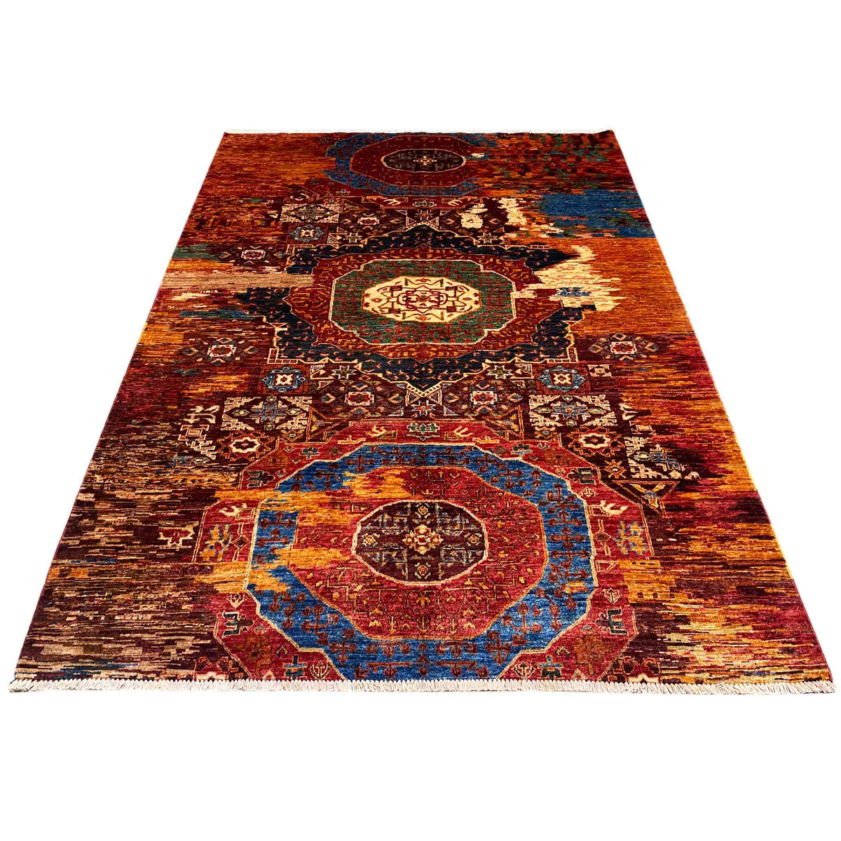 Mamluk rug in an A-shape, rust brown with a blue medallion and ornaments
