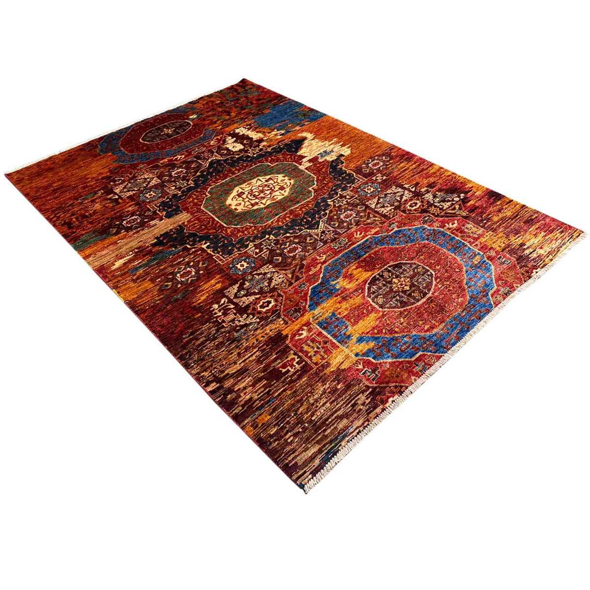 Mamluk carpet, diagonal view, rust-brown with blue-red medallions and patterns