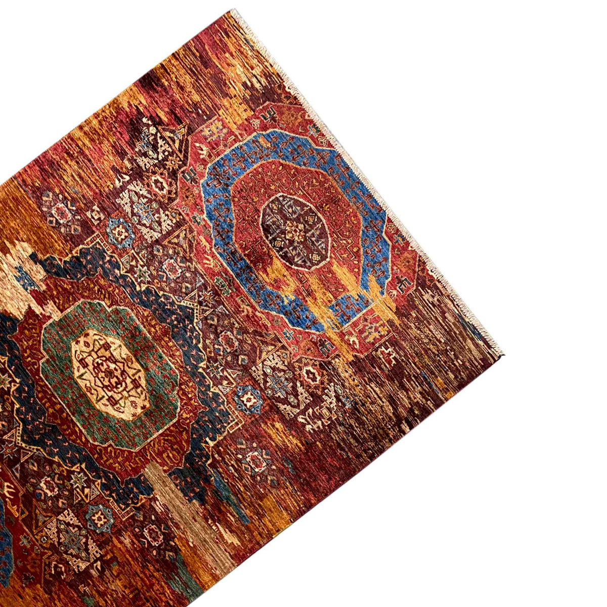 Mamluk carpet, top view, rust-brown with a blue medallion and surrounding patterns