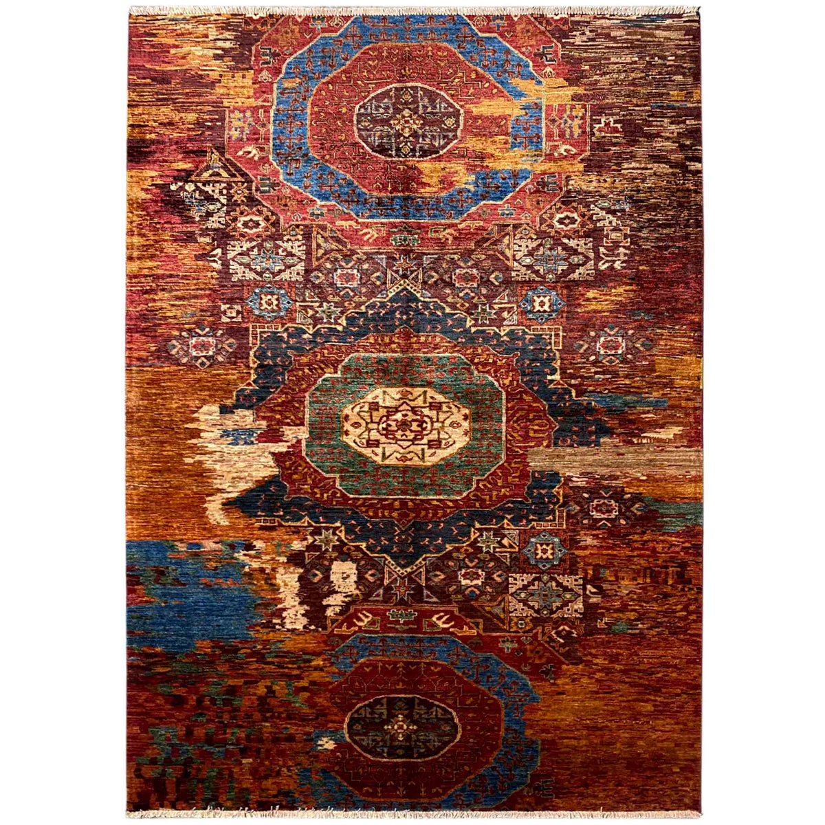 Mamluk rug with border and medallions, rust brown, blue, multicolored, rectangular