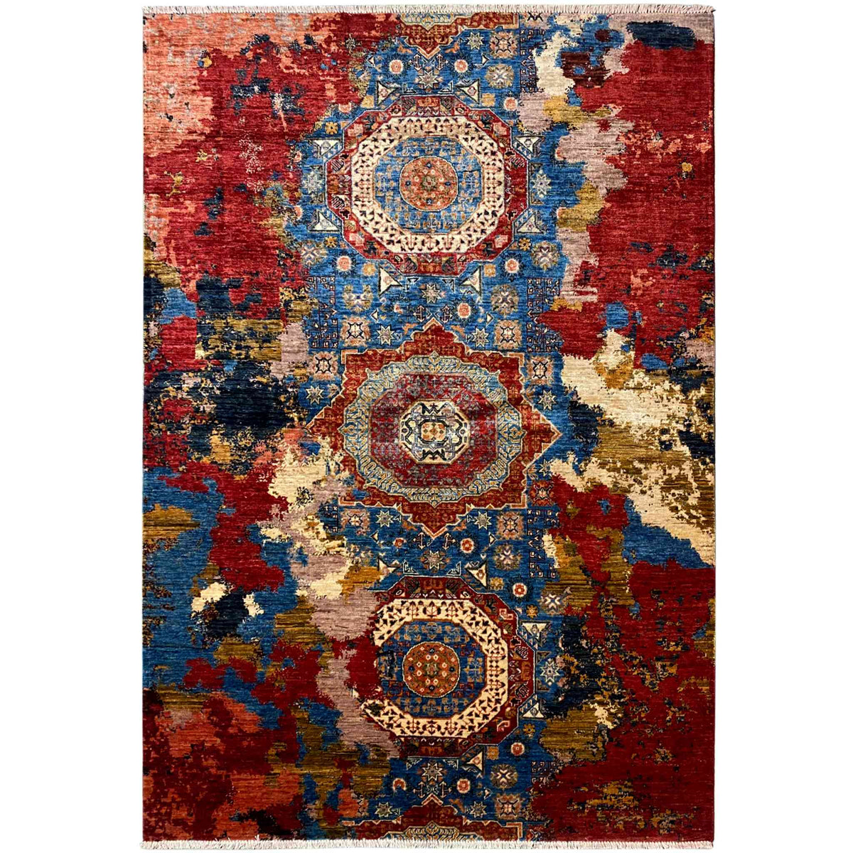 Mamluk rug with red, blue, and beige medallion design, rectangular