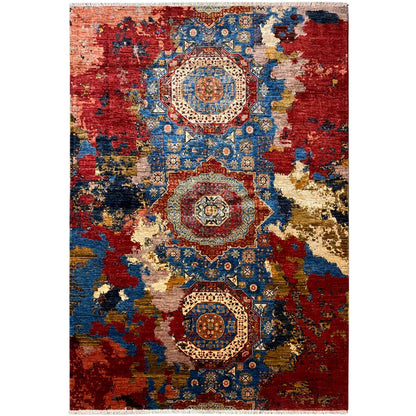 Mamluk rug with red, blue, and beige medallion design, rectangular