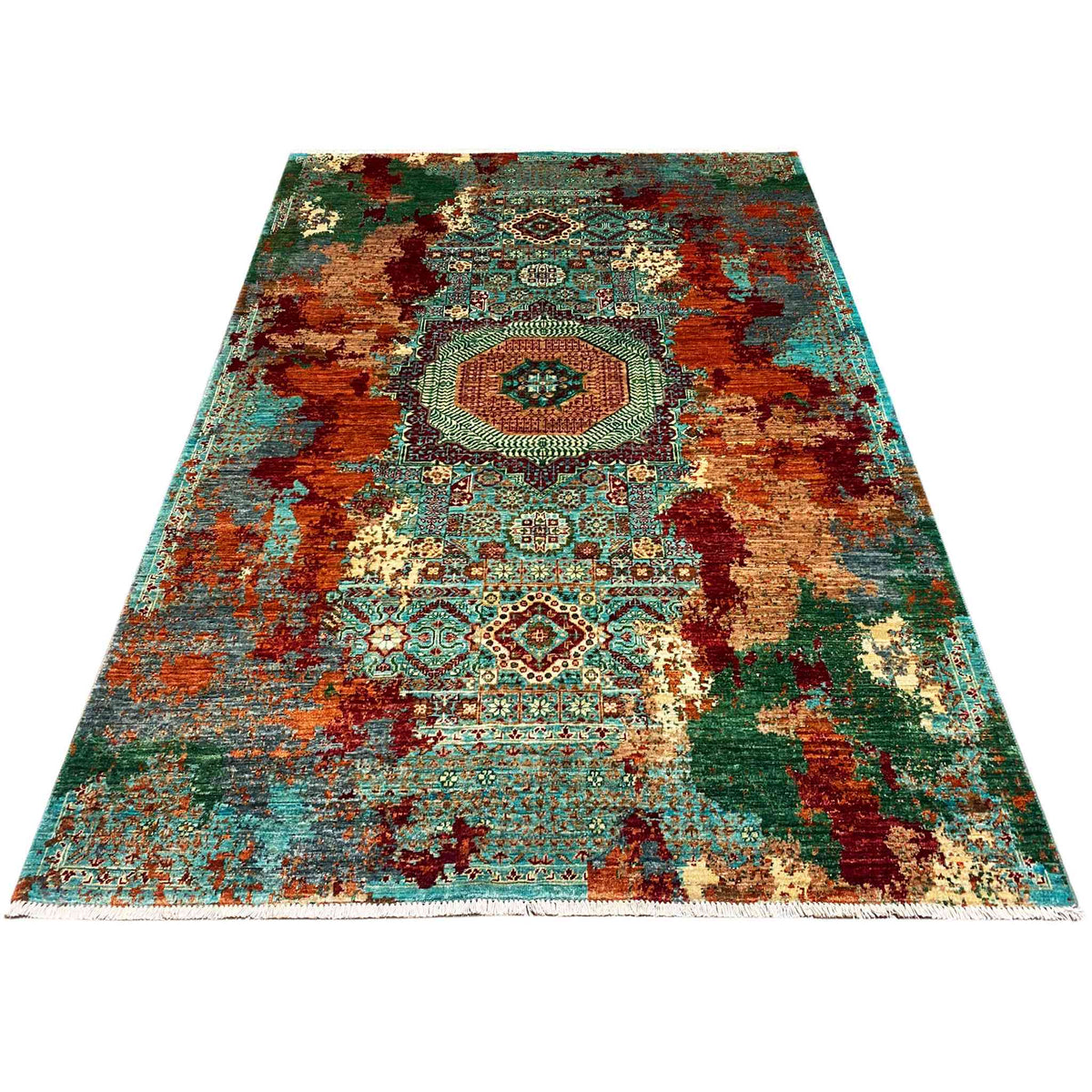 Mamluk rug in turquoise/multicolored with a large central medallion in an Oriental style