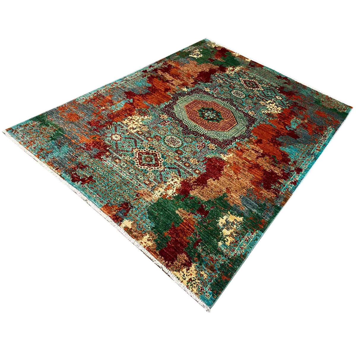 Mamluk carpet with turquoise-green vine ornament and reddish-brown fields, diagonal view