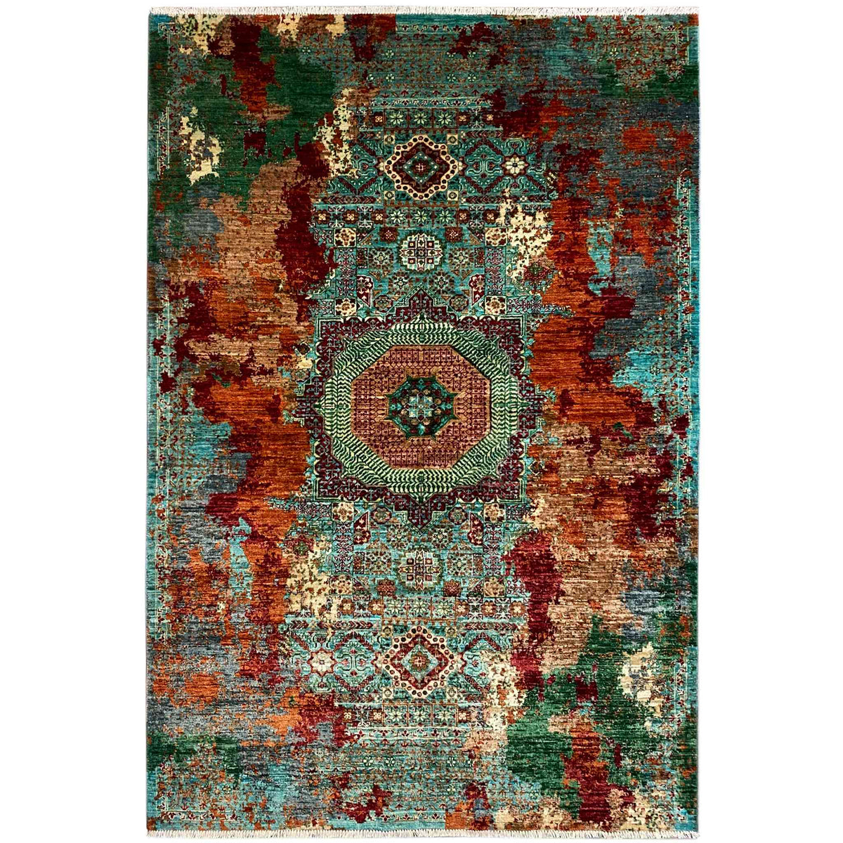 Mamluk carpet: turquoise medallion, multicolored patchwork ornament
