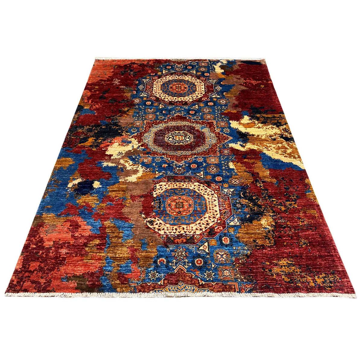 Rug 244x179 cm, large-scale medallion pattern in red, blue, and gold