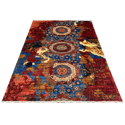 Rug 244x179 cm, large-scale medallion pattern in red, blue, and gold