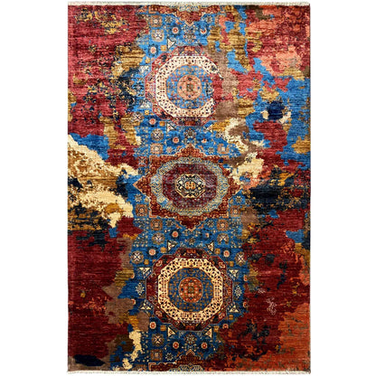 Mamluk rug 244x179 cm with medallion pattern, red/blue/gold, distressed look