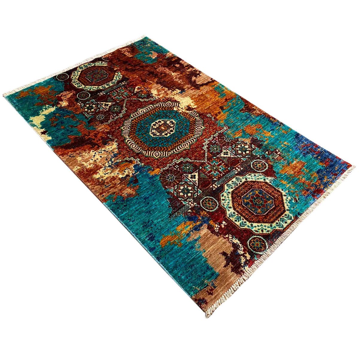Mamluk carpet with turquoise and brown ornamental pattern, diagonal view
