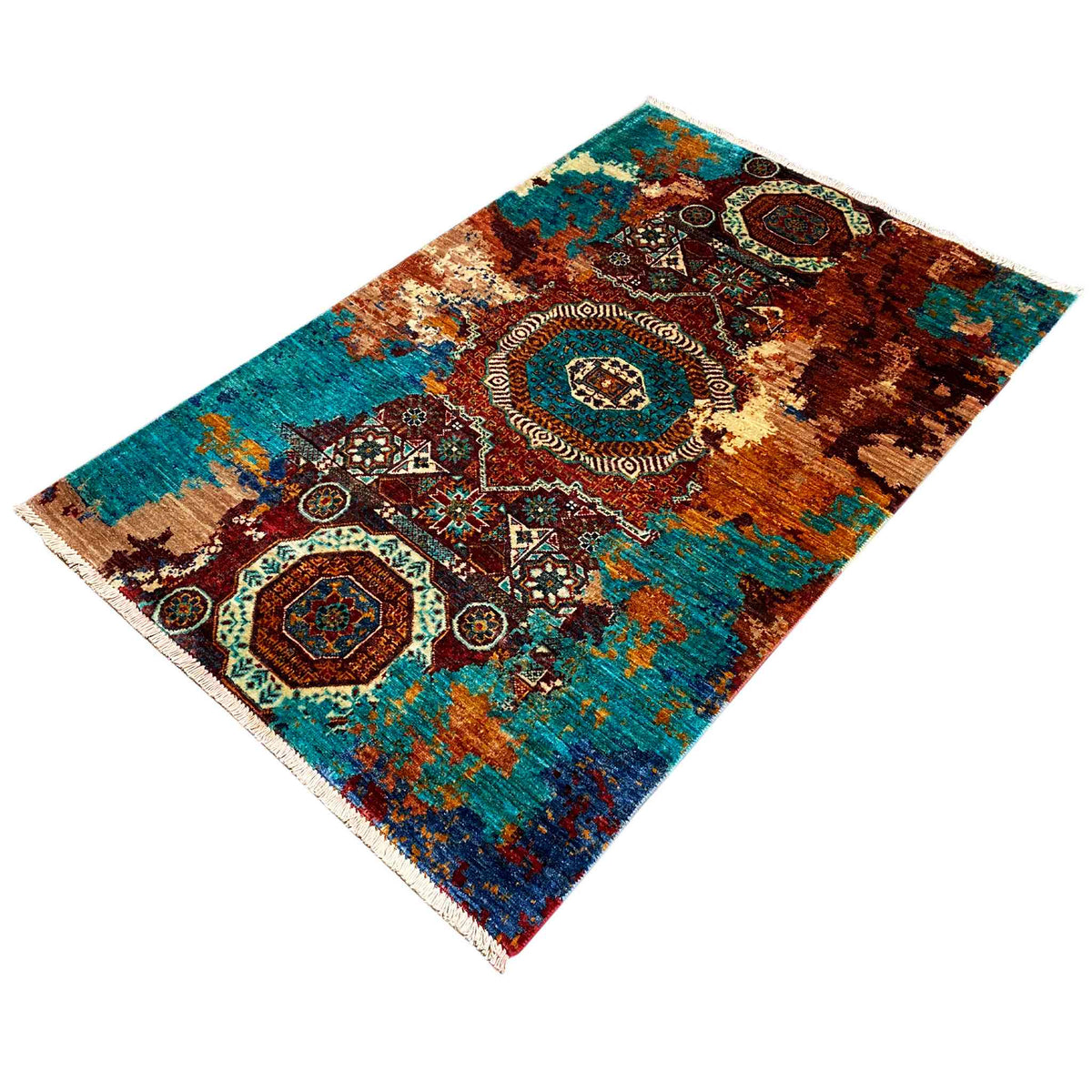 Mamluk carpet with turquoise-brown medallion ornament, diagonal view