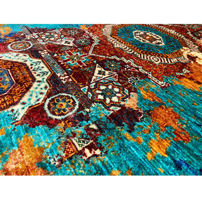Close-up of a Mamluk carpet: colorful geometric ornaments in turquoise and brown