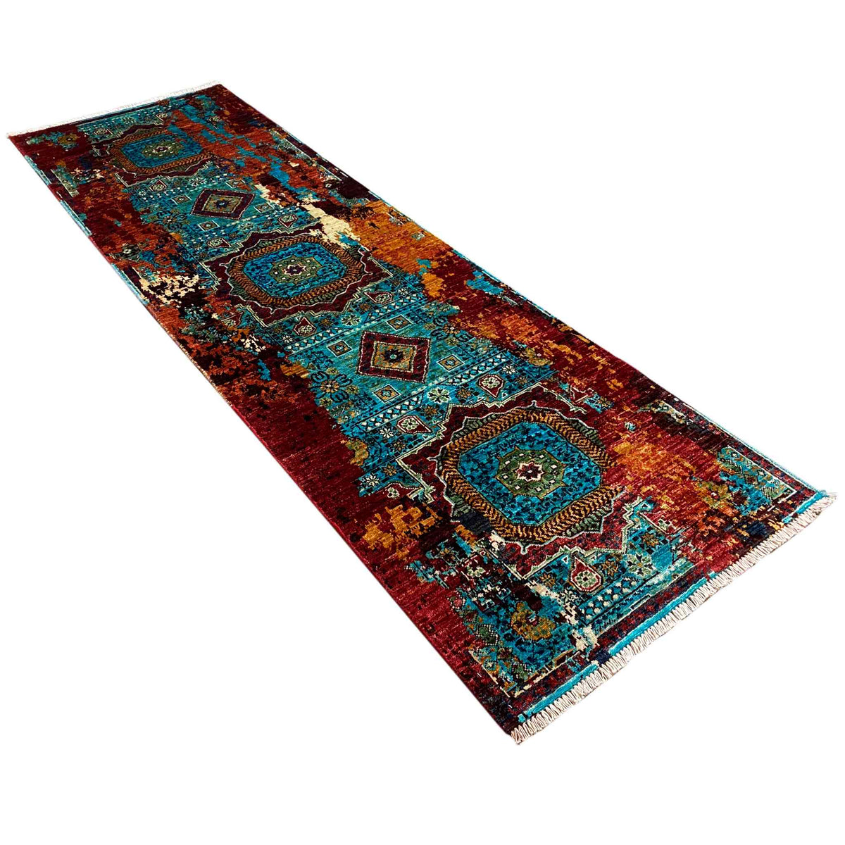 Mamluk runner rug with medallions and ornaments in turquoise and reddish brown, finished edge
