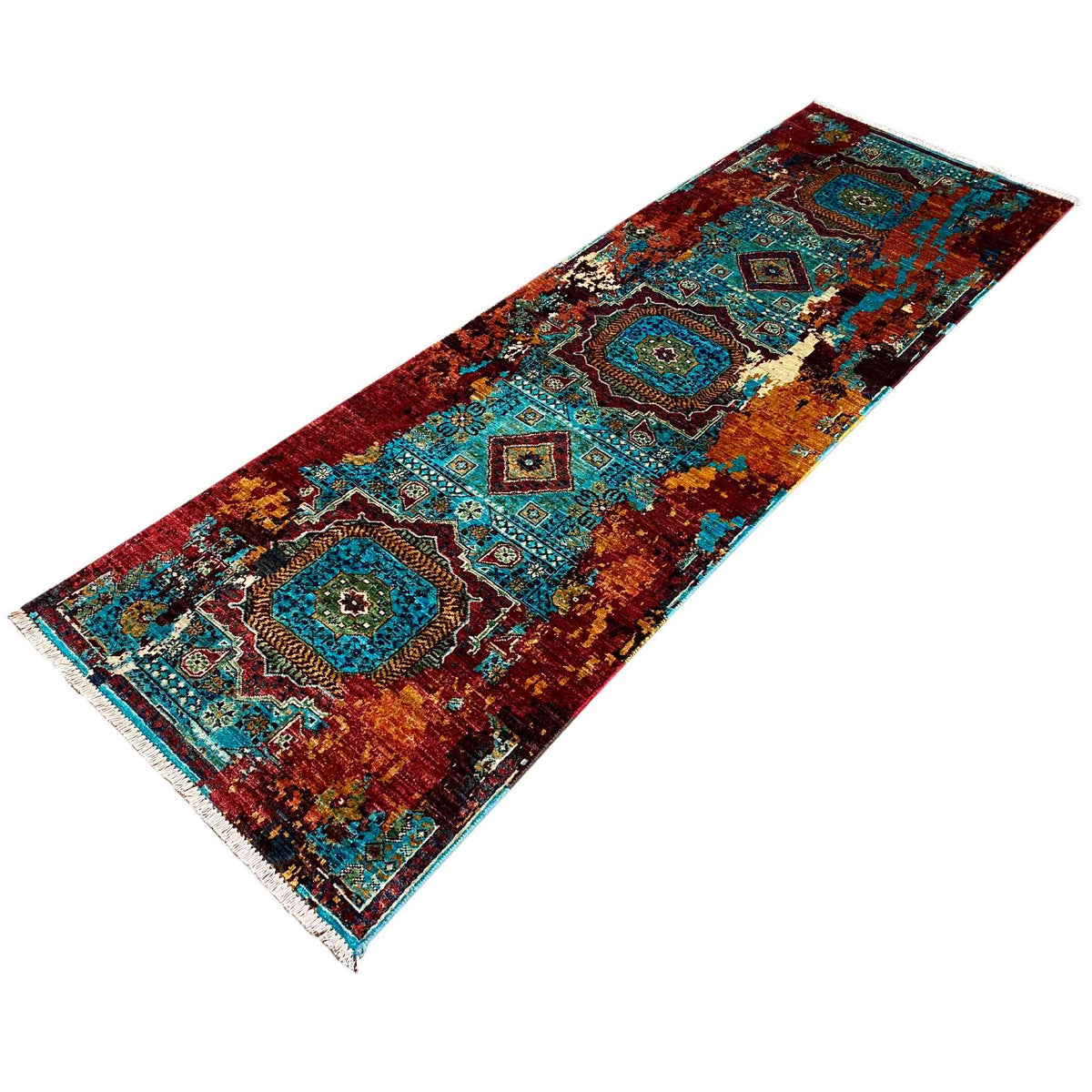 Mamluk runner rug with geometric ornaments in turquoise and reddish brown, with a wide border