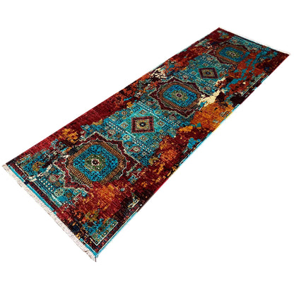 Mamluk runner rug with geometric ornaments in turquoise and reddish brown, with a wide border