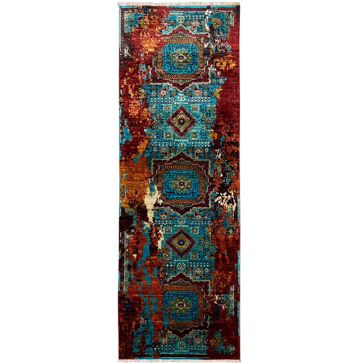 Mamluk runner rug with ornaments in turquoise, brown, and cream, rectangular