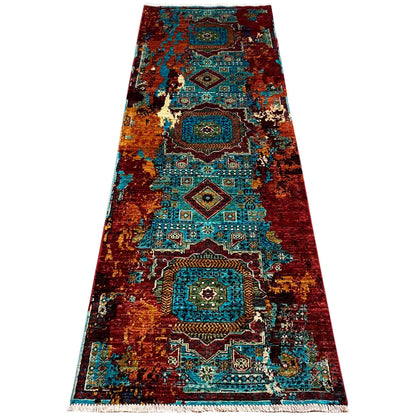 Runner rug with an abstract Oriental pattern in turquoise, blue, red and gold, rectangular