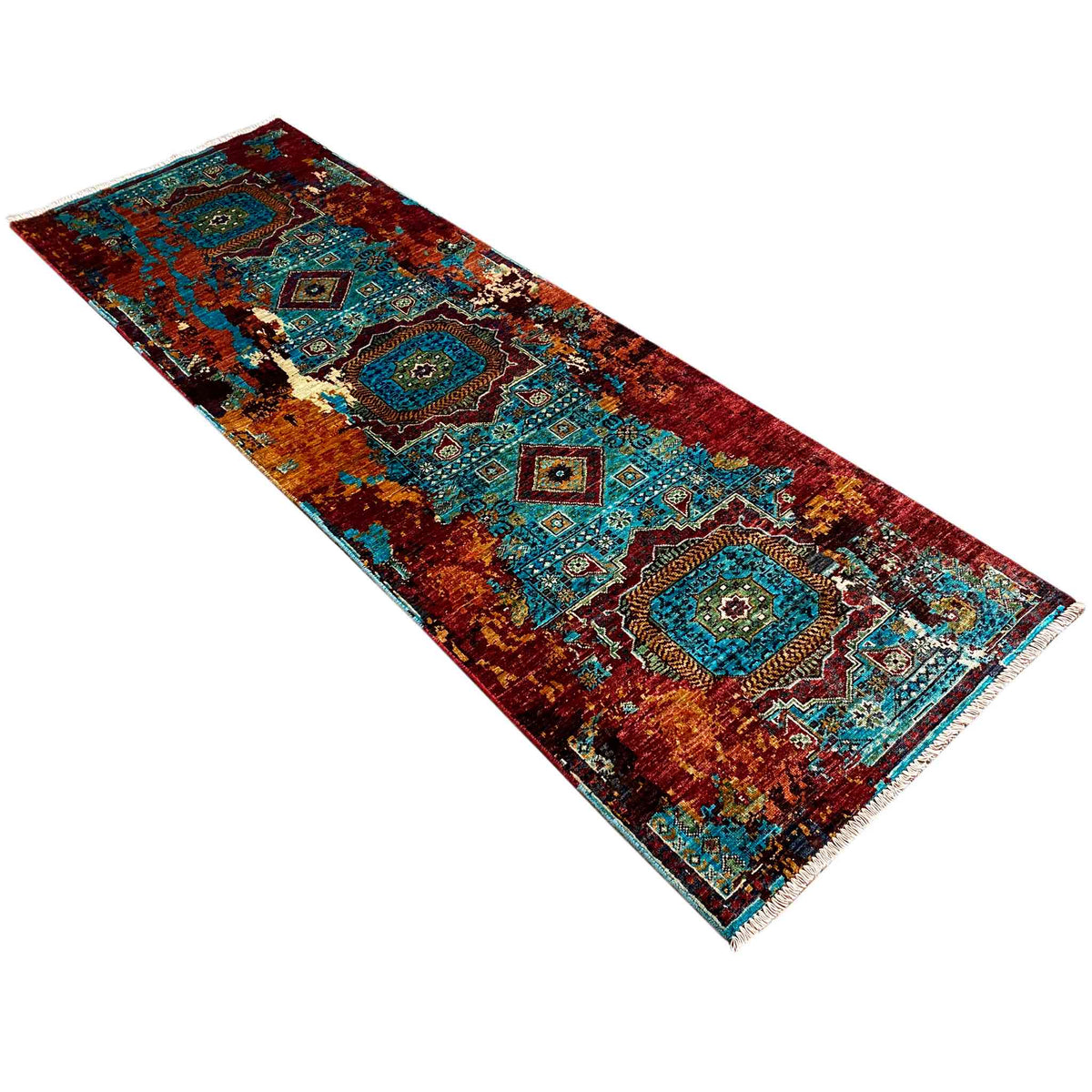 Narrow runner rug with decorative motifs in turquoise and red, multicolored, rectangular