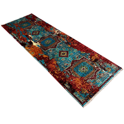 Narrow runner rug with decorative motifs in turquoise and red, multicolored, rectangular
