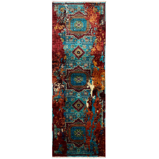 Runner rug with a geometric Mamluk pattern in turquoise, blue, red, and gold, rectangular