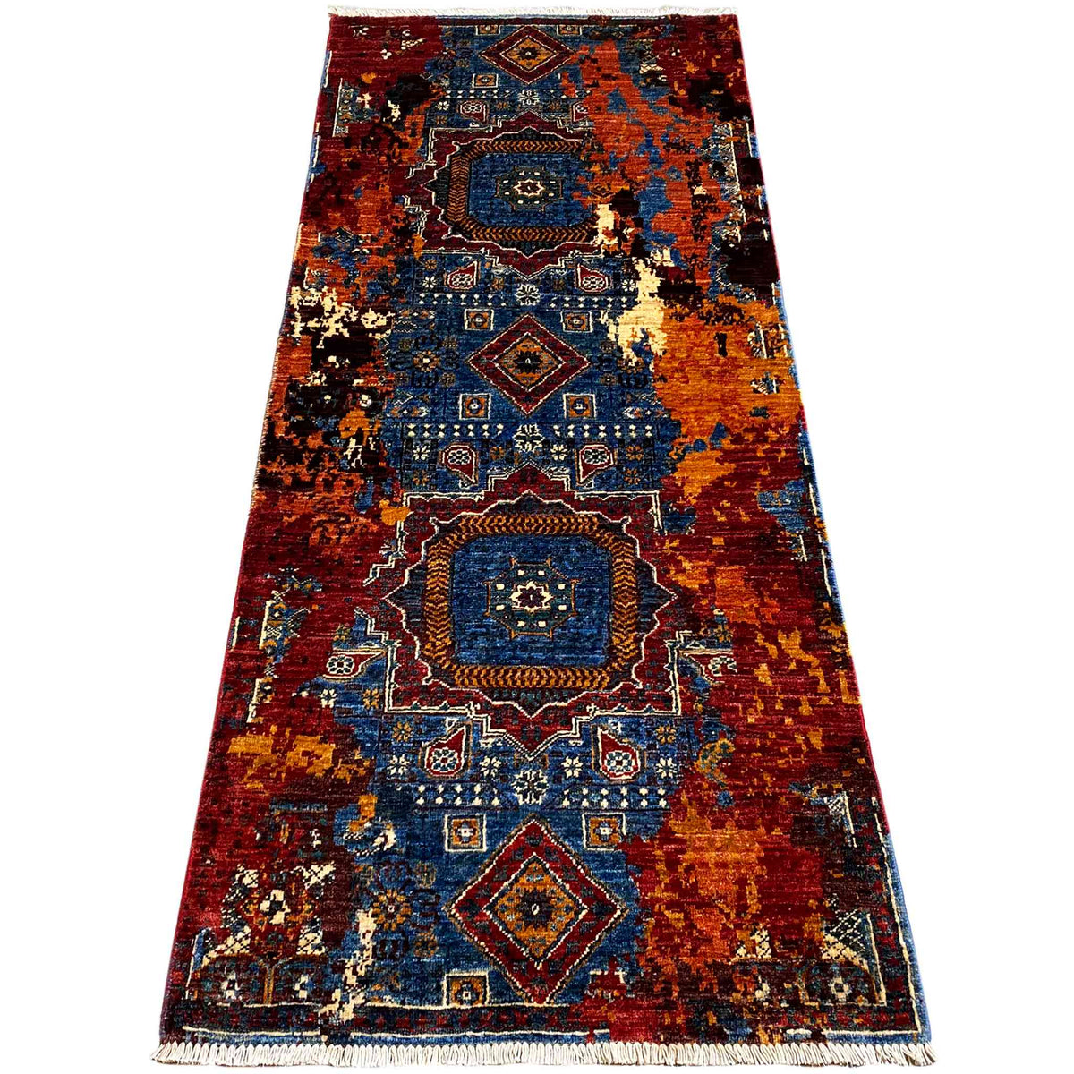 Mamluk runner rug with medallion pattern, red-blue tones, with fringe