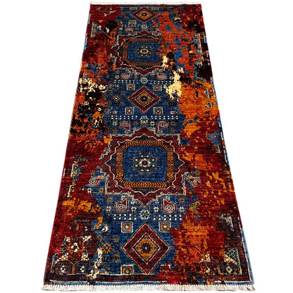Mamluk runner rug with medallion pattern, red-blue tones, with fringe