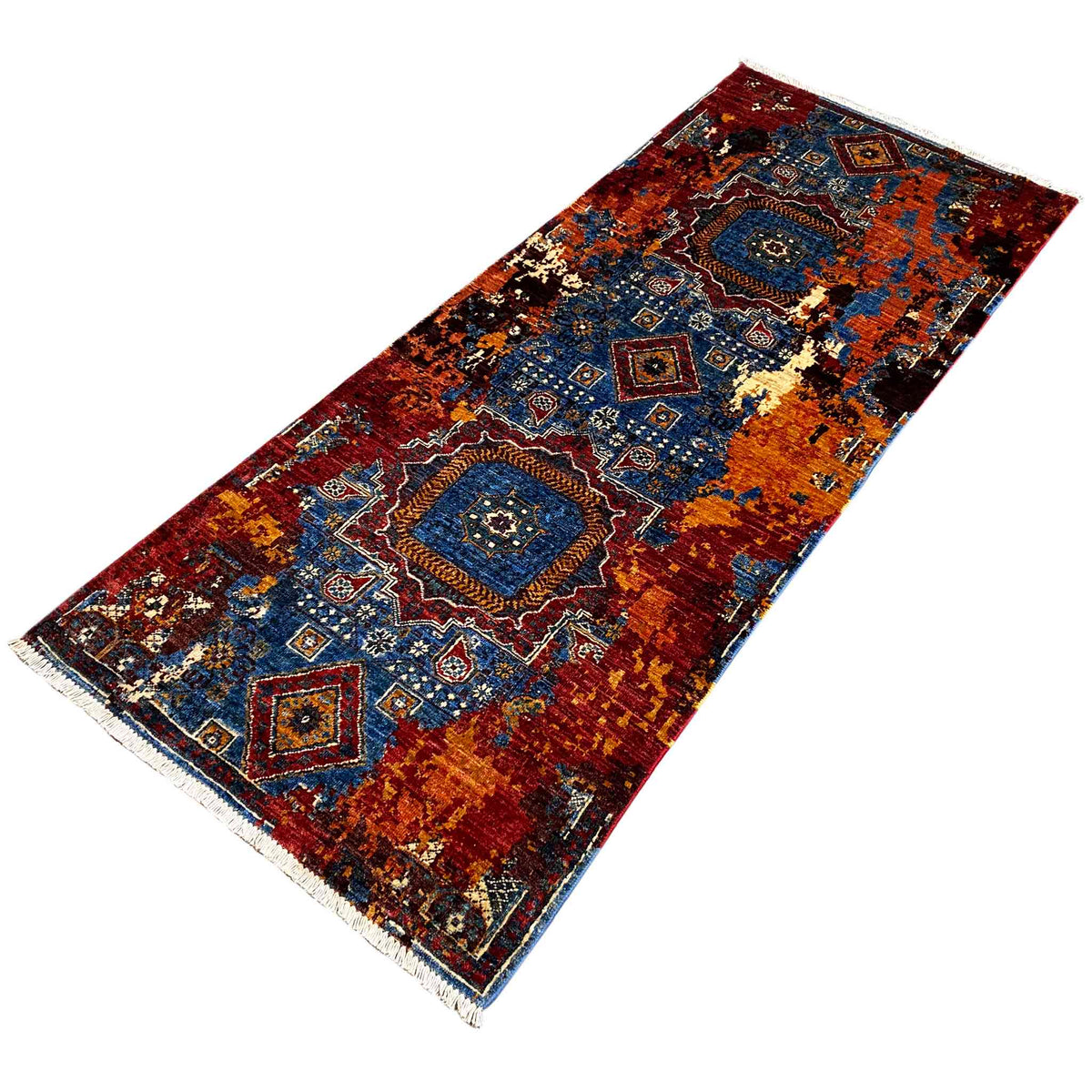 Mamluk runner rug with a central medallion and striped ornaments, red and blue