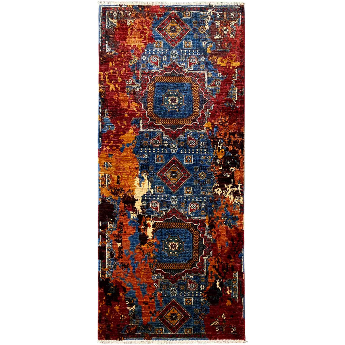Mamluk runner rug overview: medallion pattern in red, blue, and yellow, with fringes