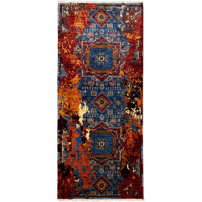 Mamluk runner rug overview: medallion pattern in red, blue, and yellow, with fringes