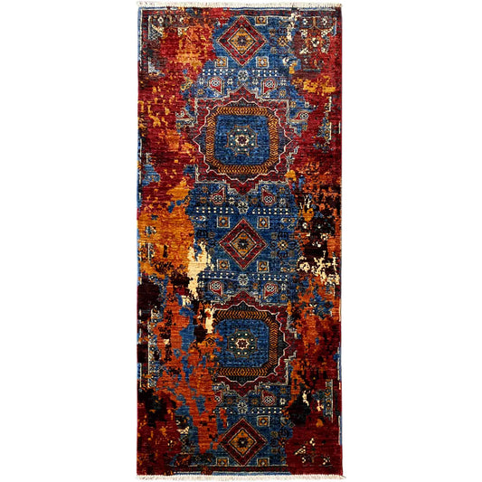 Mamluk runner rug overview: medallion pattern in red, blue, and yellow, with fringes