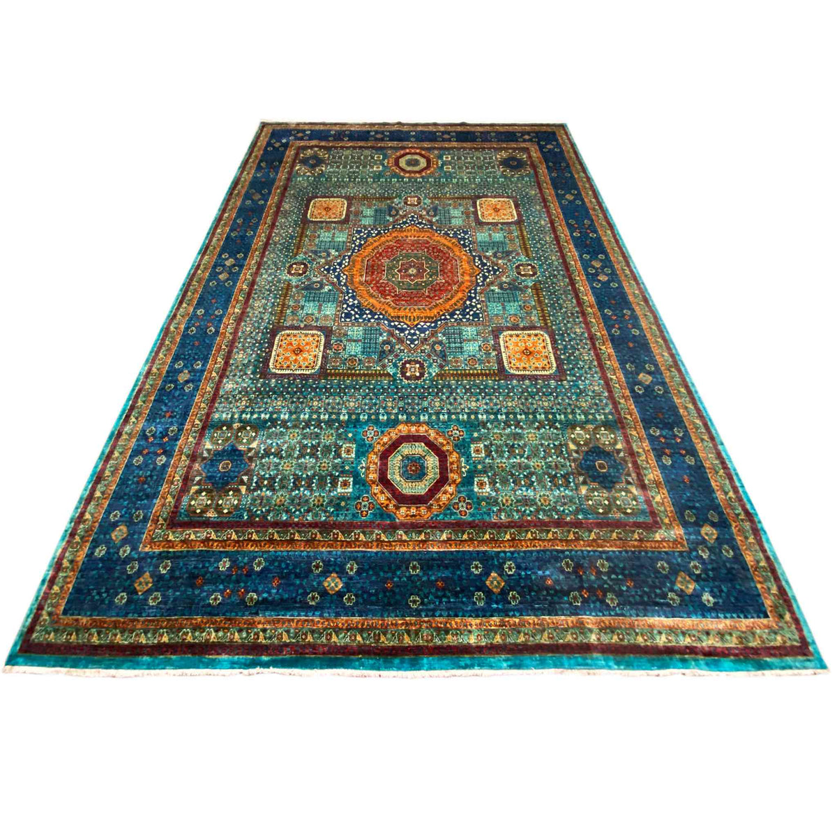 Hand-knotted Mamluk rug, turquoise-green ground with a blue border and symmetrical pattern