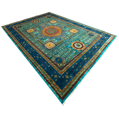 Hand-knotted Mamluk rug in a diamond pattern, turquoise and blue with an orange center