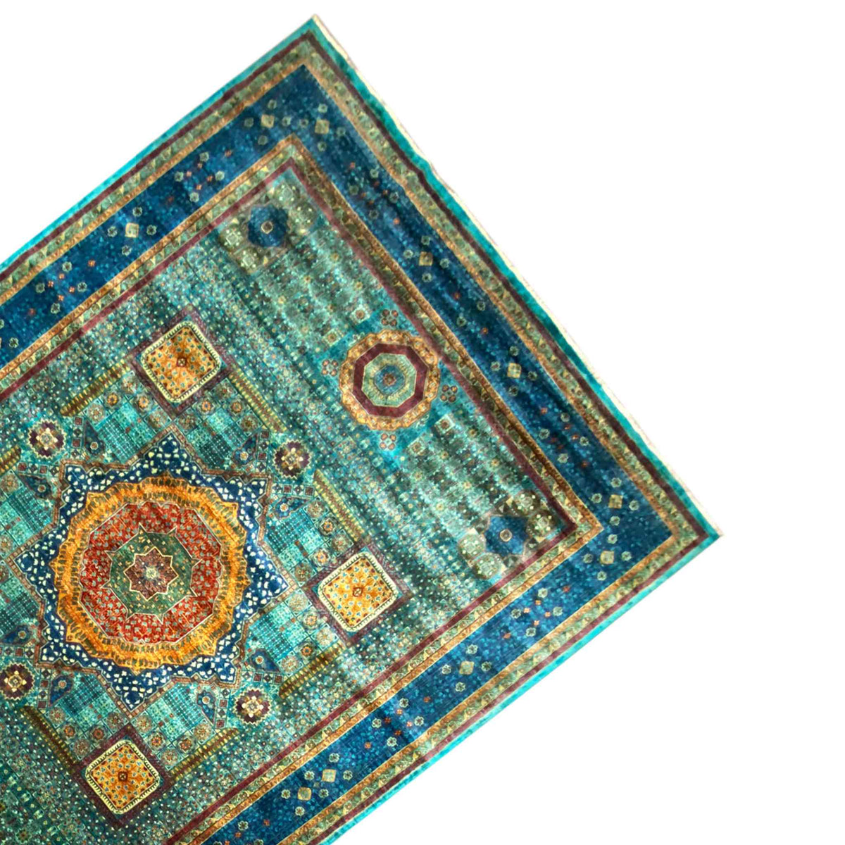 Close-up of a hand-knotted Mamluk rug: turquoise field with a medallion and ornaments