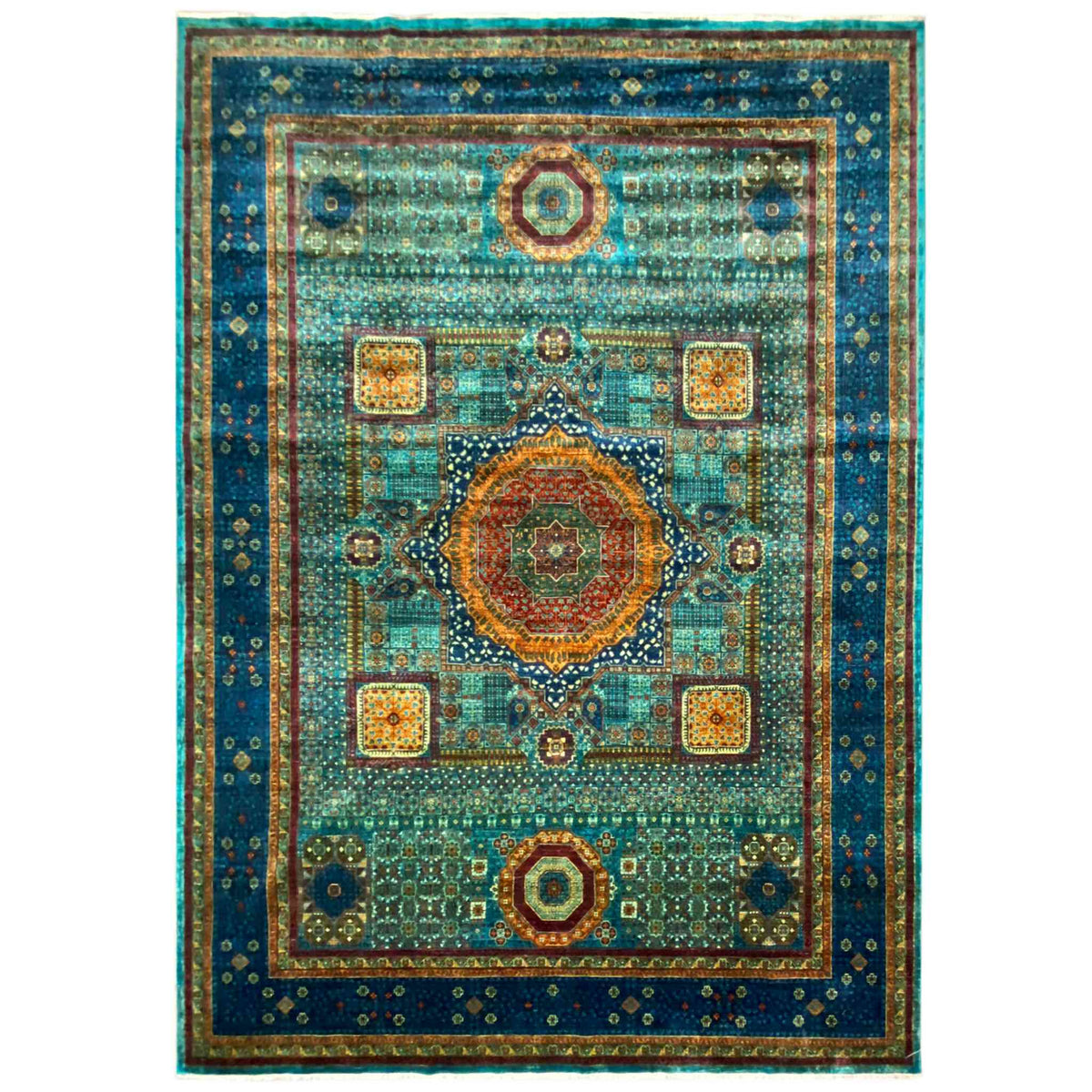 Hand-knotted Mamluk rug with a central medallion, turquoise-blue border, multicolored pattern