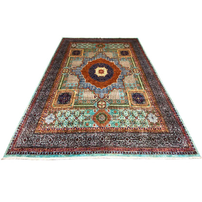 Hand-knotted Mamluk rug, rectangular, dark background with a geometric central medallion