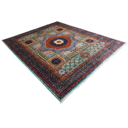 Hand-knotted Mamluk rug with a central medallion and richly decorated borders