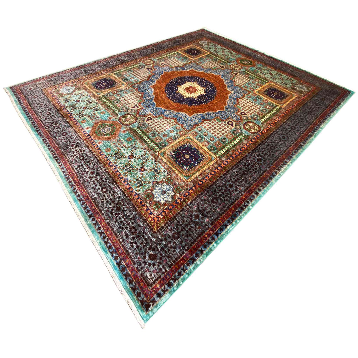 Hand-knotted Mamluk rug, central medallion in brown and blue, colorful border