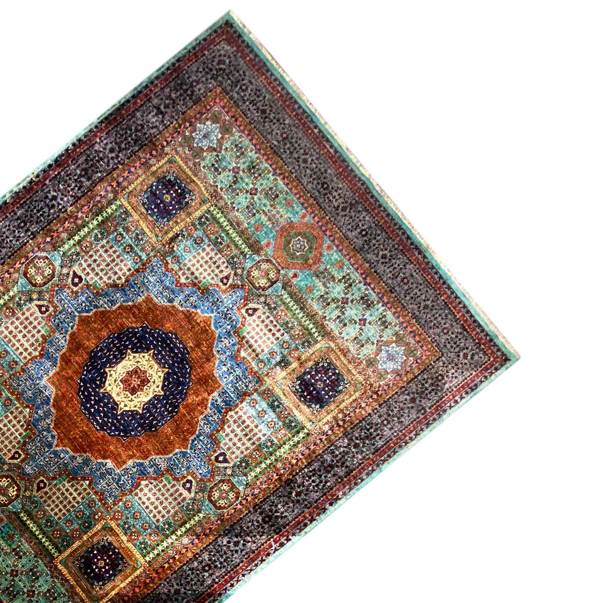 Hand-knotted Mamluk rug corner with medallion, dark border, and ornamental edging