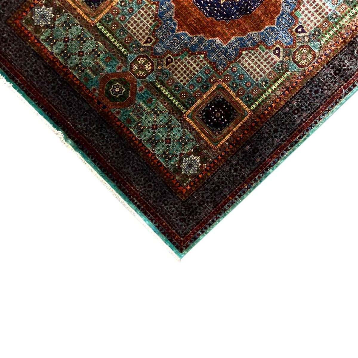 Hand-knotted Mamluk rug corner detail with border and multicolored patterns, clean finish