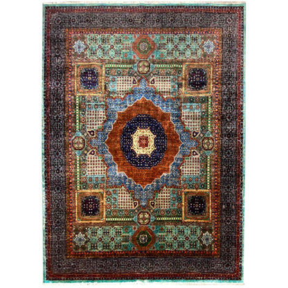 Hand-knotted Mamluk rug: dark medallion pattern in blue, green & orange