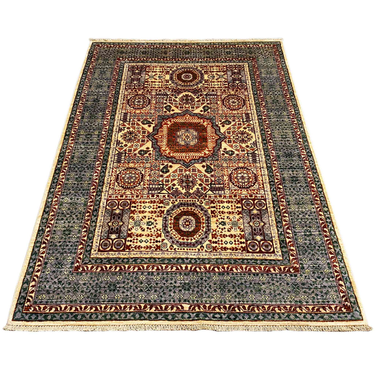 Hand-knotted Mamluk carpet 180x127 cm, flat view with a gray and red pattern