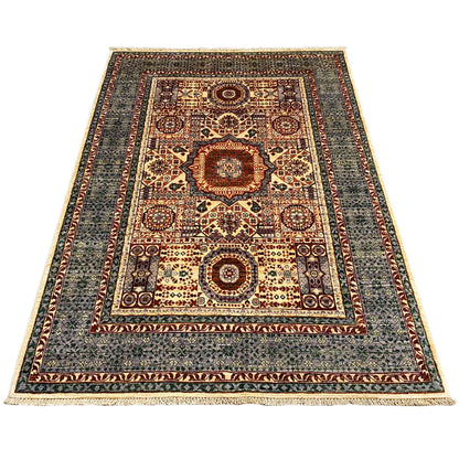 Hand-knotted Mamluk carpet 180x127 cm, flat view with a gray and red pattern
