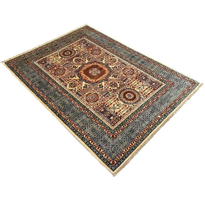 Hand-knotted Mamluk rug 180x127 cm, diagonal view with medallion and border ornaments