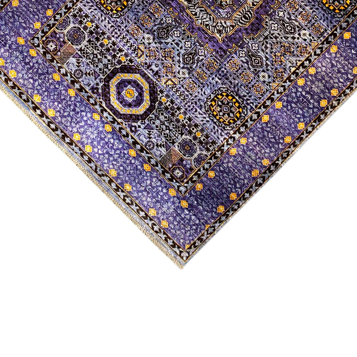 Carpet border with trim, blue-purple field, and yellow-white decorative elements