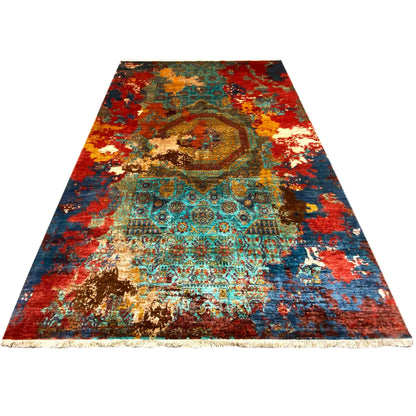 Hand-knotted Mamluk rug, rectangular, red and blue with ornaments, fine fringes